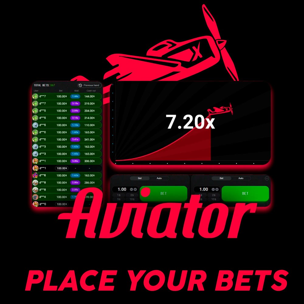 Aviator betting game interface showing a 7.20x multiplier, recent bets, and a red airplane graphic. Text: "Place Your Bets".